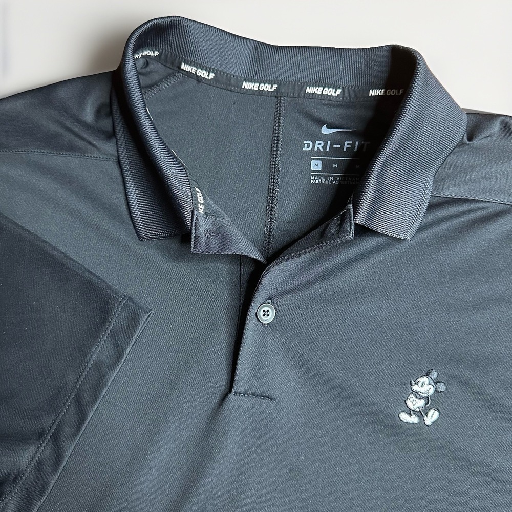 Nike Polo Shirt Mens Medium Black Disney Mickey Mouse Golf Performance Dri Fit